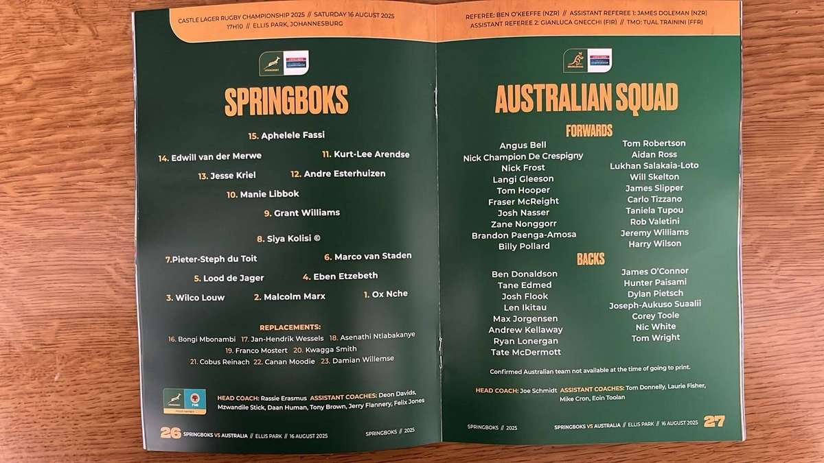 2025 Springboks vs Australia at Ellis Park Stadium Programme, details below