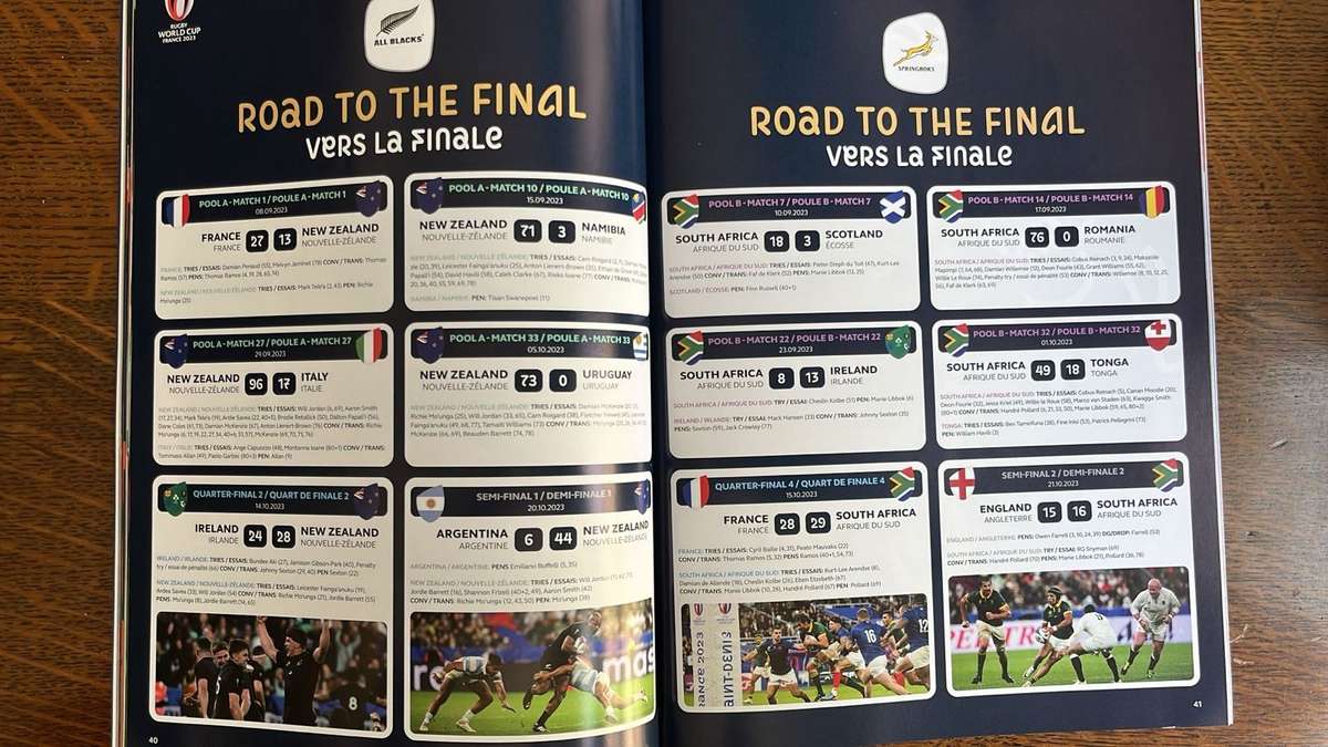2023 RWC Final New Zealand vs South Africa Programme & Pin, details below