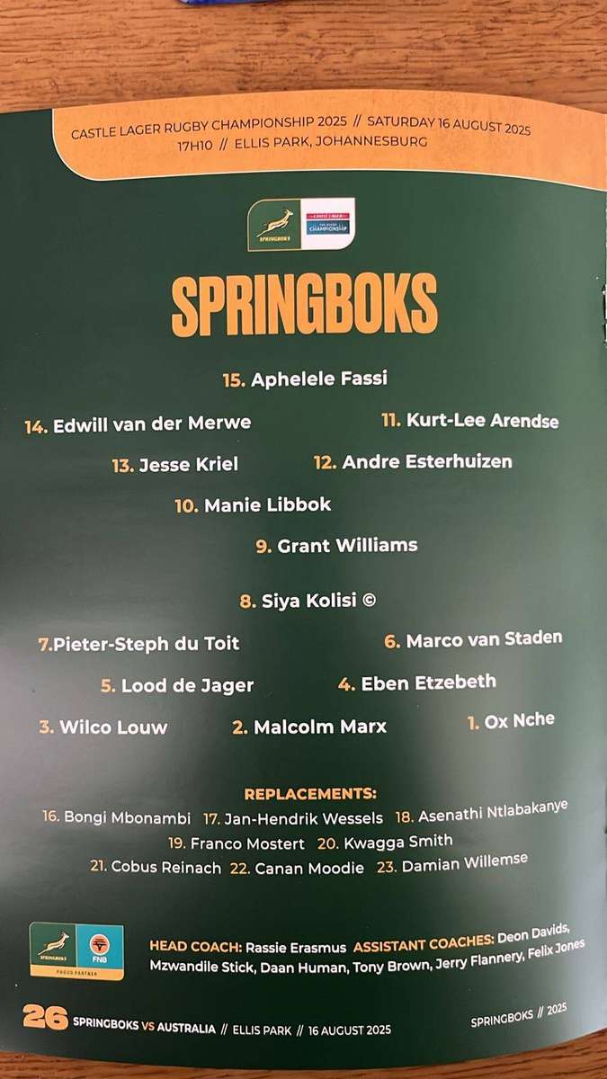 2025 Springboks vs Australia at Ellis Park Stadium Programme, details below