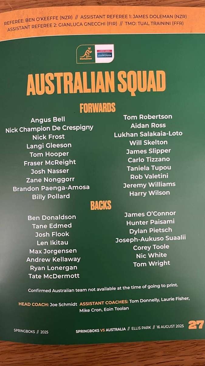2025 Springboks vs Australia at Ellis Park Stadium Programme, details below