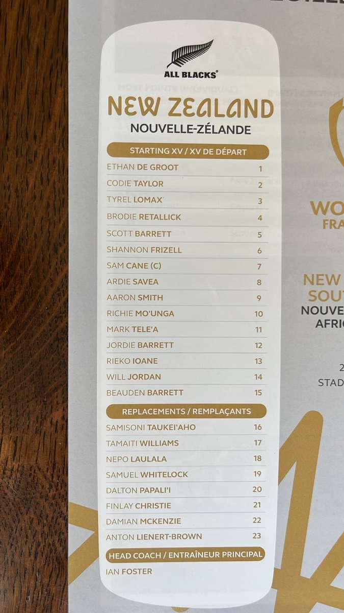 2023 RWC Final New Zealand vs South Africa Programme & Pin, details below