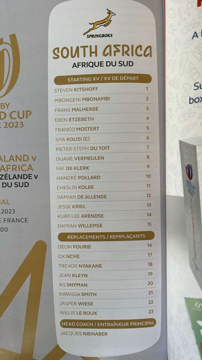 2023 RWC Final New Zealand vs South Africa Programme & Pin, details below