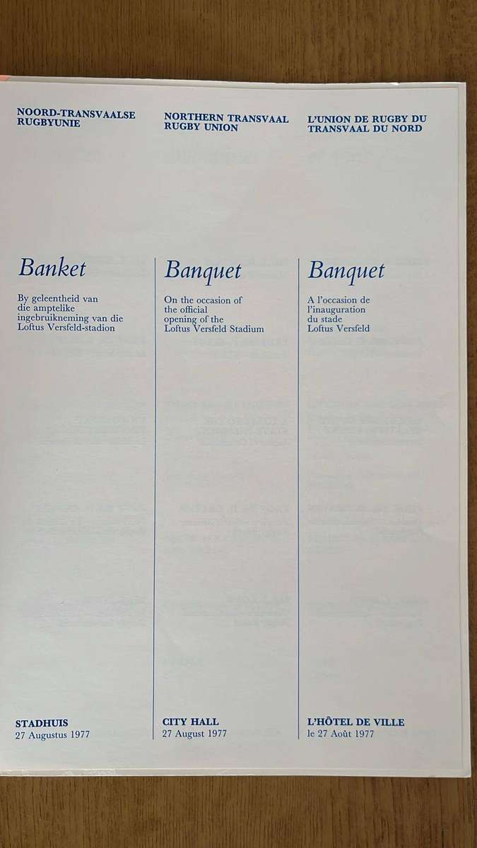 1977 Dinner Menu Card for the Opening of Loftus Versfeld Stadium, details below