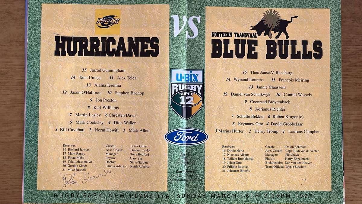 1997 Hurricanes vs Northern Transvaal at New Plymouth Signed Programme, details below