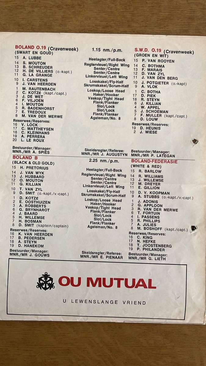 Two Very Interesting Programmes - Griquas vs Western Province & Boland vs Natal, details below