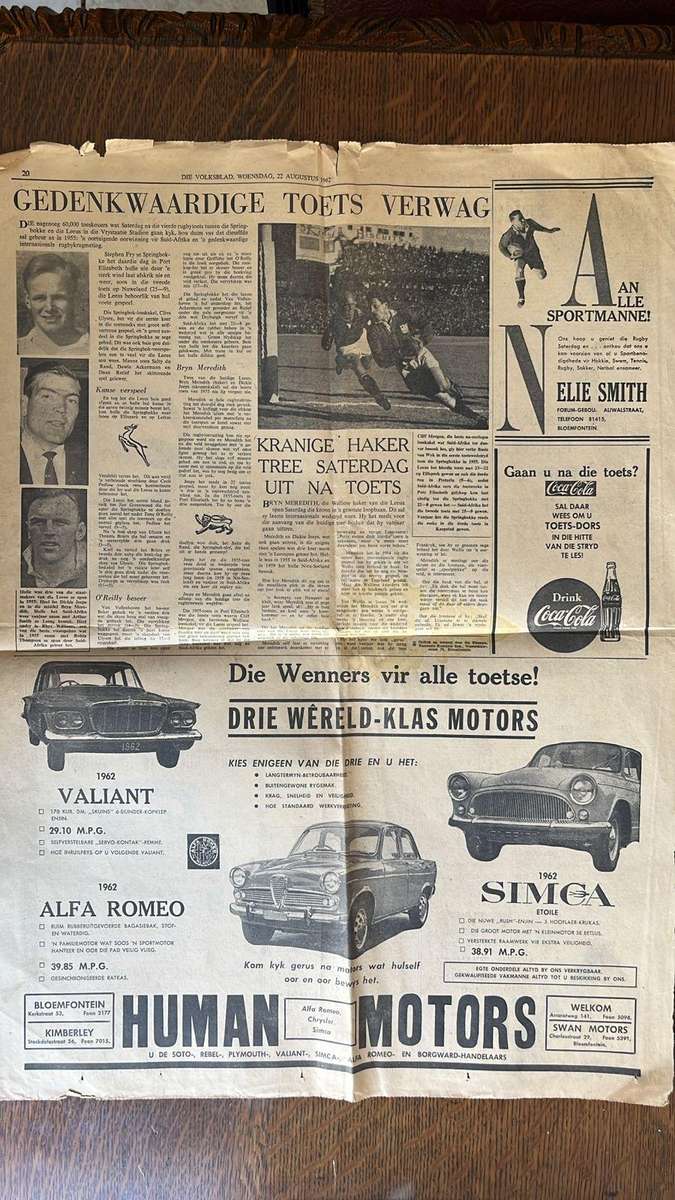 1962 Die Volksblad Springbok vs The British Lions 4th test Newspaper Articles, details below