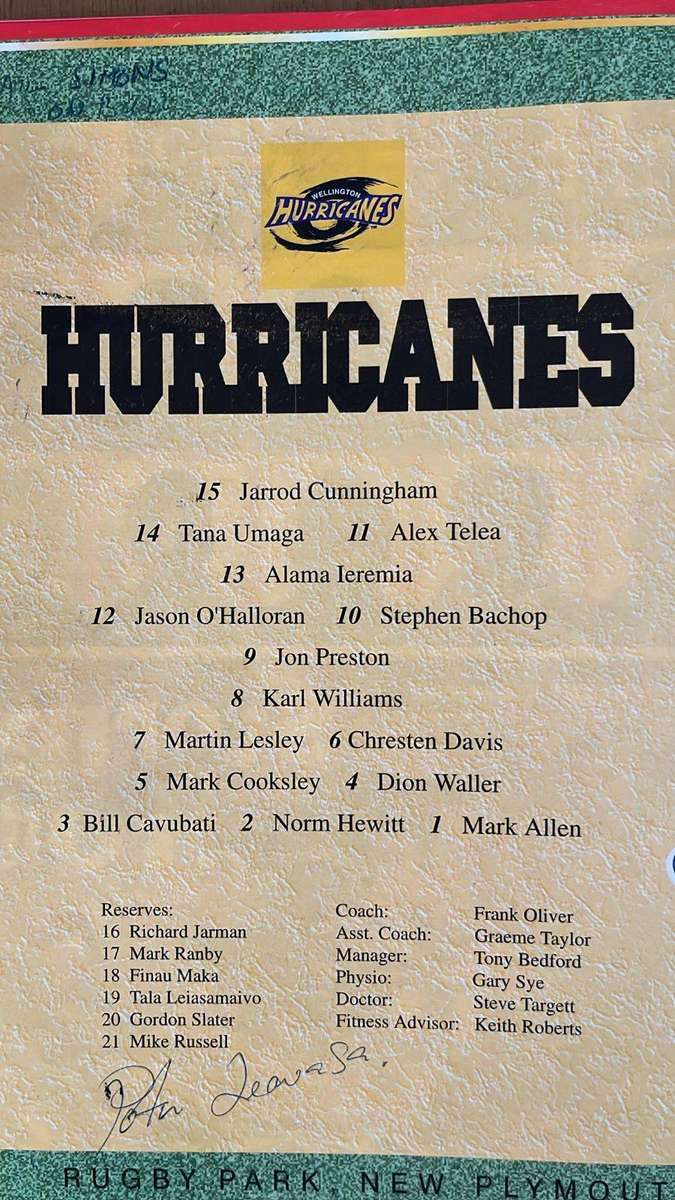 1997 Hurricanes vs Northern Transvaal at New Plymouth Signed Programme, details below
