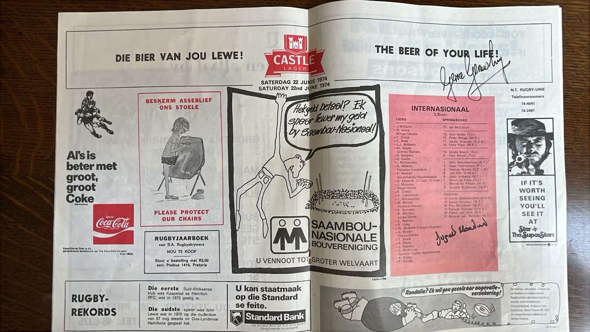 1974 2nd Test South Africa vs British Isles at Loftus Signed Programme, Team Sheet & Pin, see below