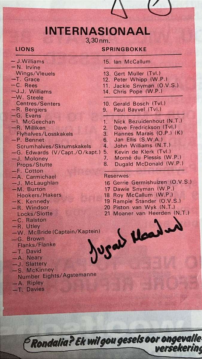 1974 2nd Test South Africa vs British Isles at Loftus Signed Programme, Team Sheet & Pin, see below