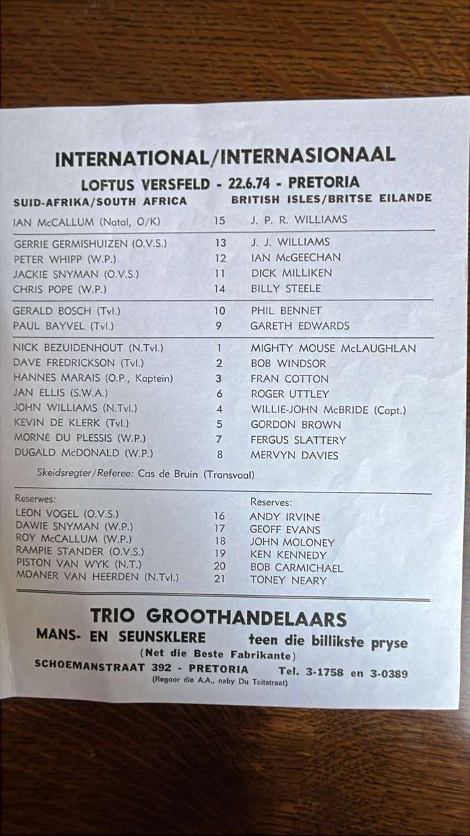 1974 2nd Test South Africa vs British Isles at Loftus Signed Programme, Team Sheet & Pin, see below