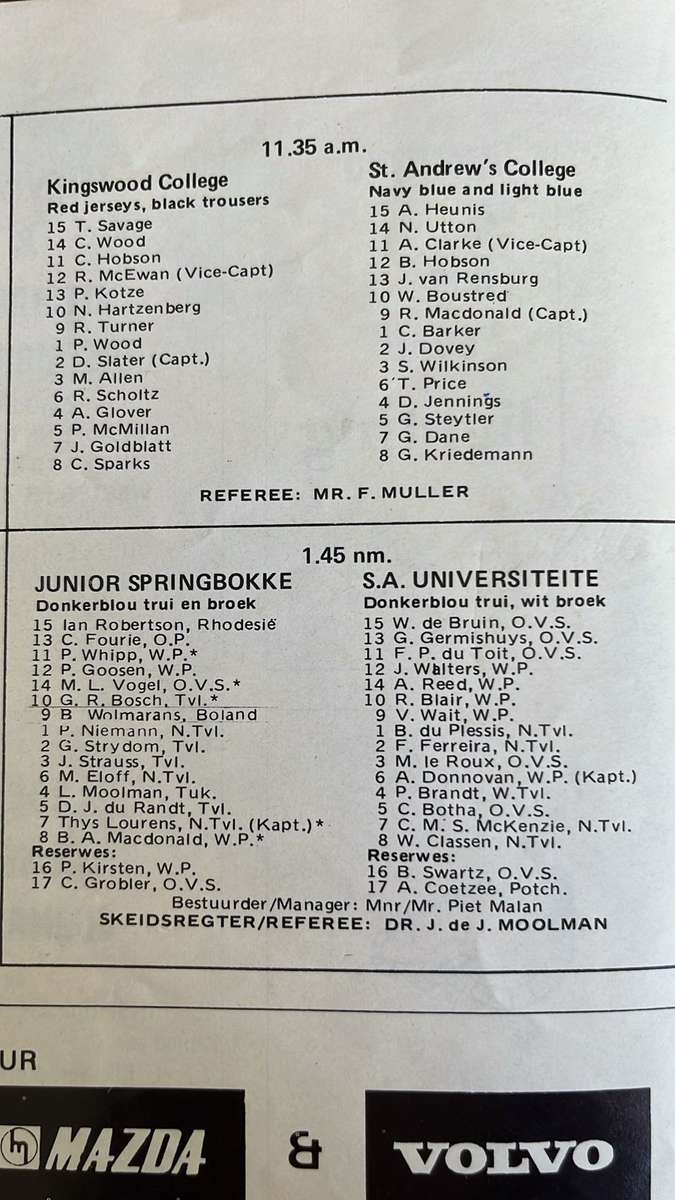 1974 British Lions vs South Africa at Boet Erasmus Stadium Signed Programme, details below