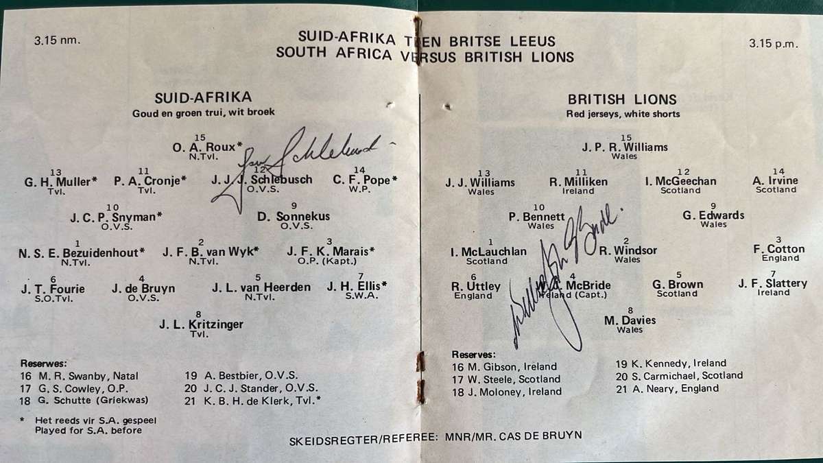 1974 British Lions vs South Africa at Boet Erasmus Stadium Signed Programme, details below