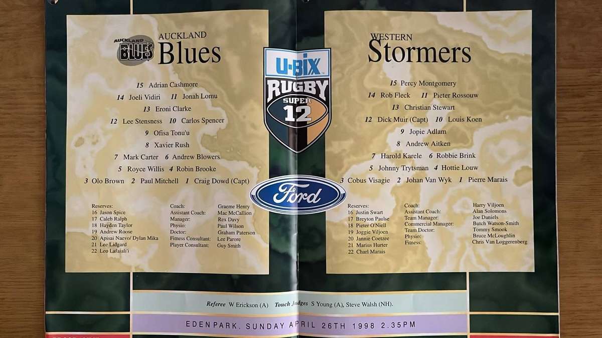 1998 Stormers vs Auckland Blues at Eden Park Programme, details below