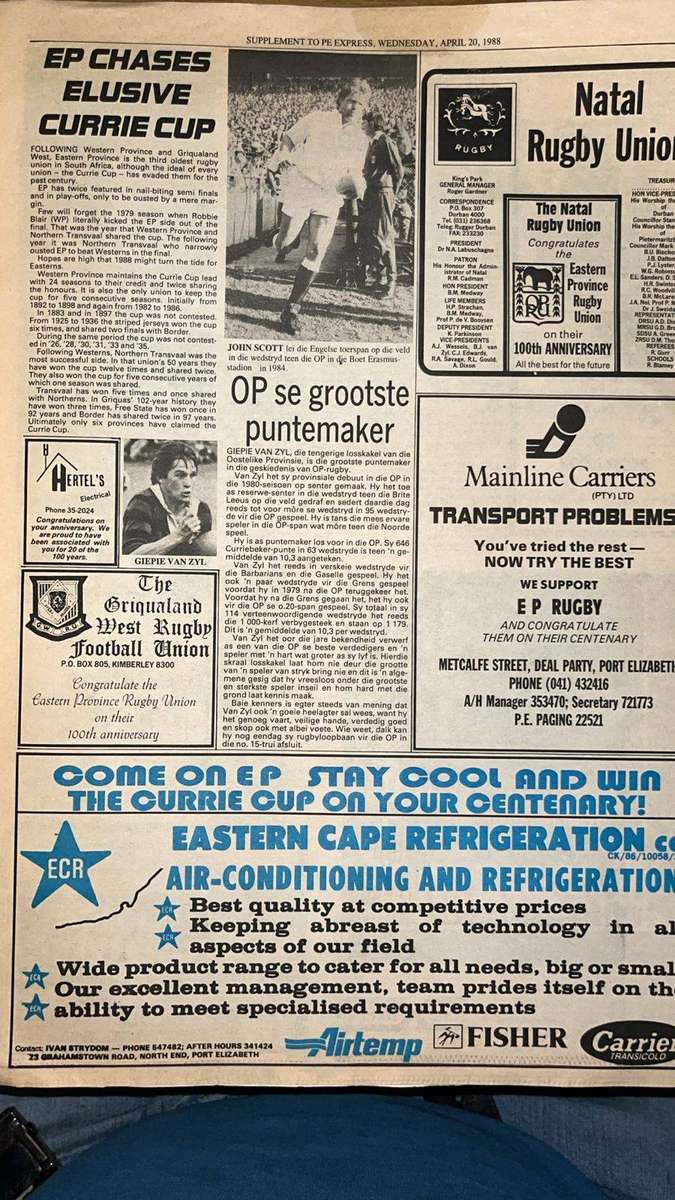1888 - 1988 100 Years Eastern Province Rugby, details below