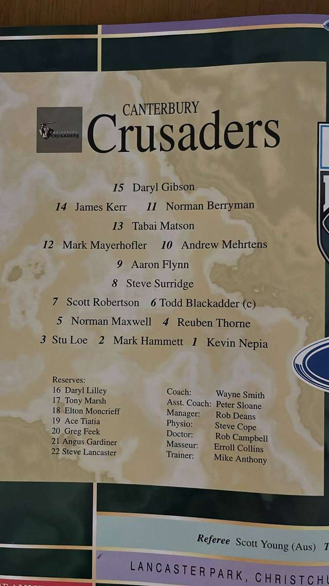 1998 Western Stormers vs Canterbury Crusaders at ` Lancaster Park Programme