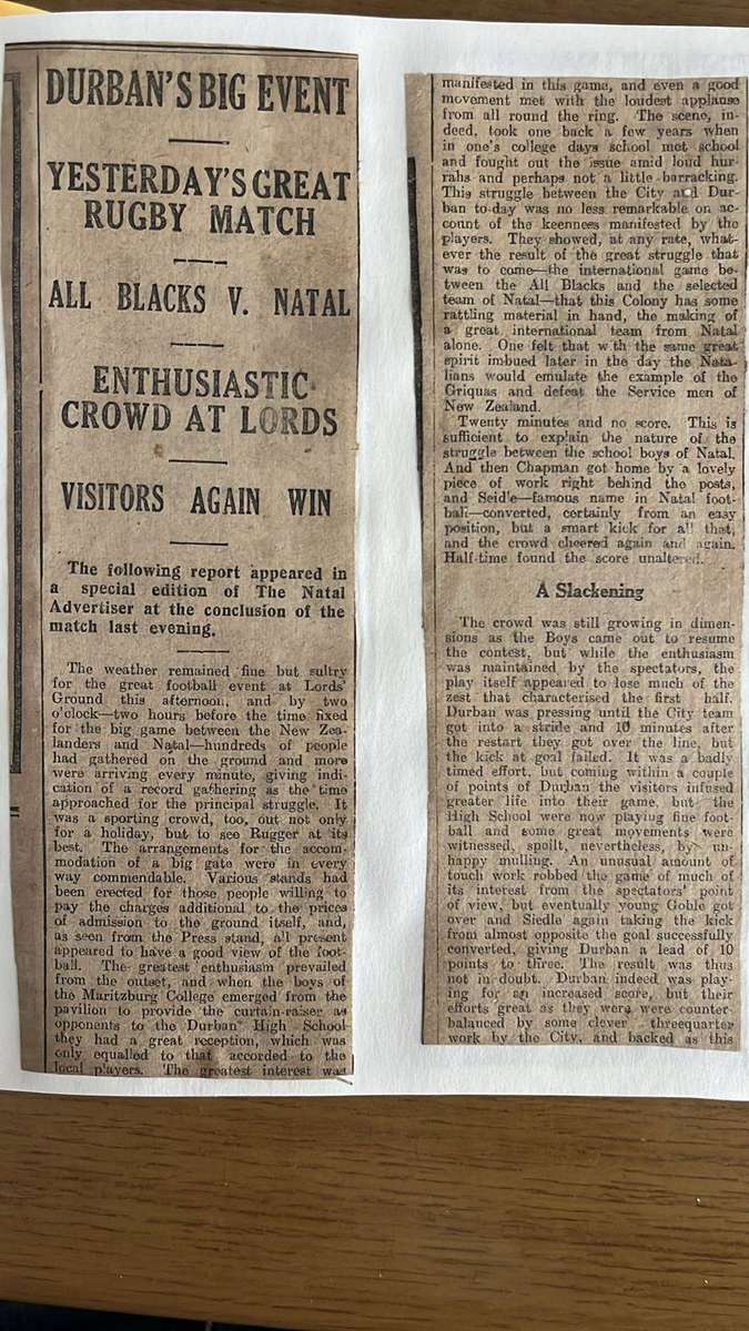 1919 All Blacks Services Tour to S.A. Natal Game Cuttings, details below