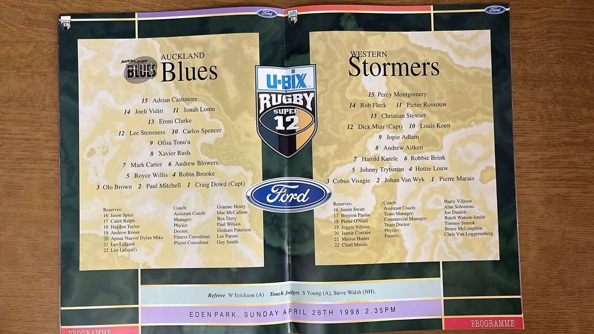 1998 Western Stormers vs Auckland Blues at Eden Park Programme, details below