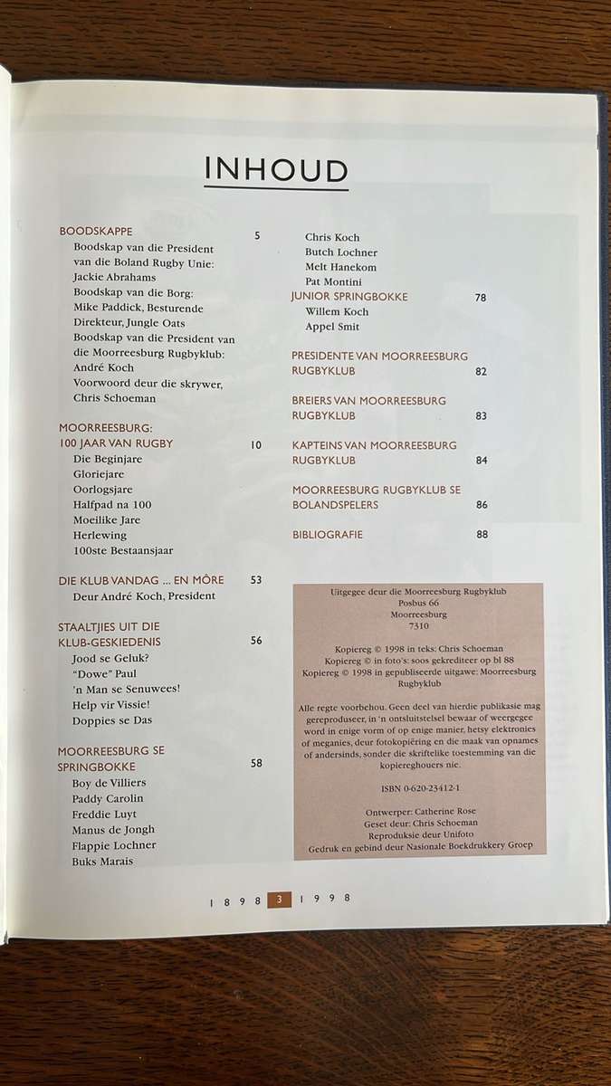 100 Jaar van Rugby - Die Verhaal van Moorreesburg Rugbyklub 1898-1998, details below