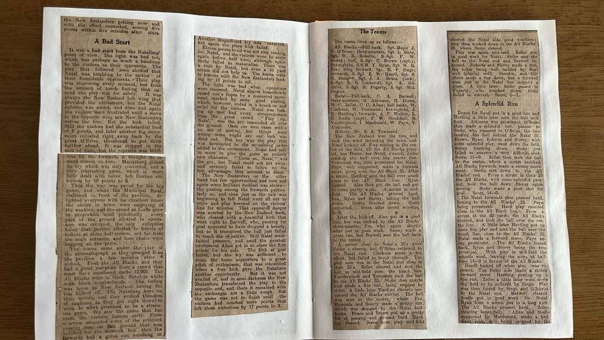 1919 All Blacks Services Tour to S.A. Natal Game Cuttings, details below