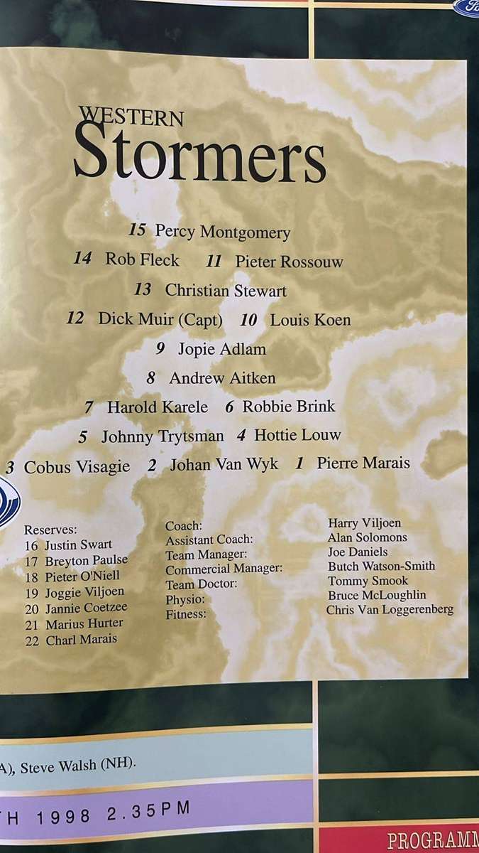 1998 Western Stormers vs Auckland Blues at Eden Park Programme, details below