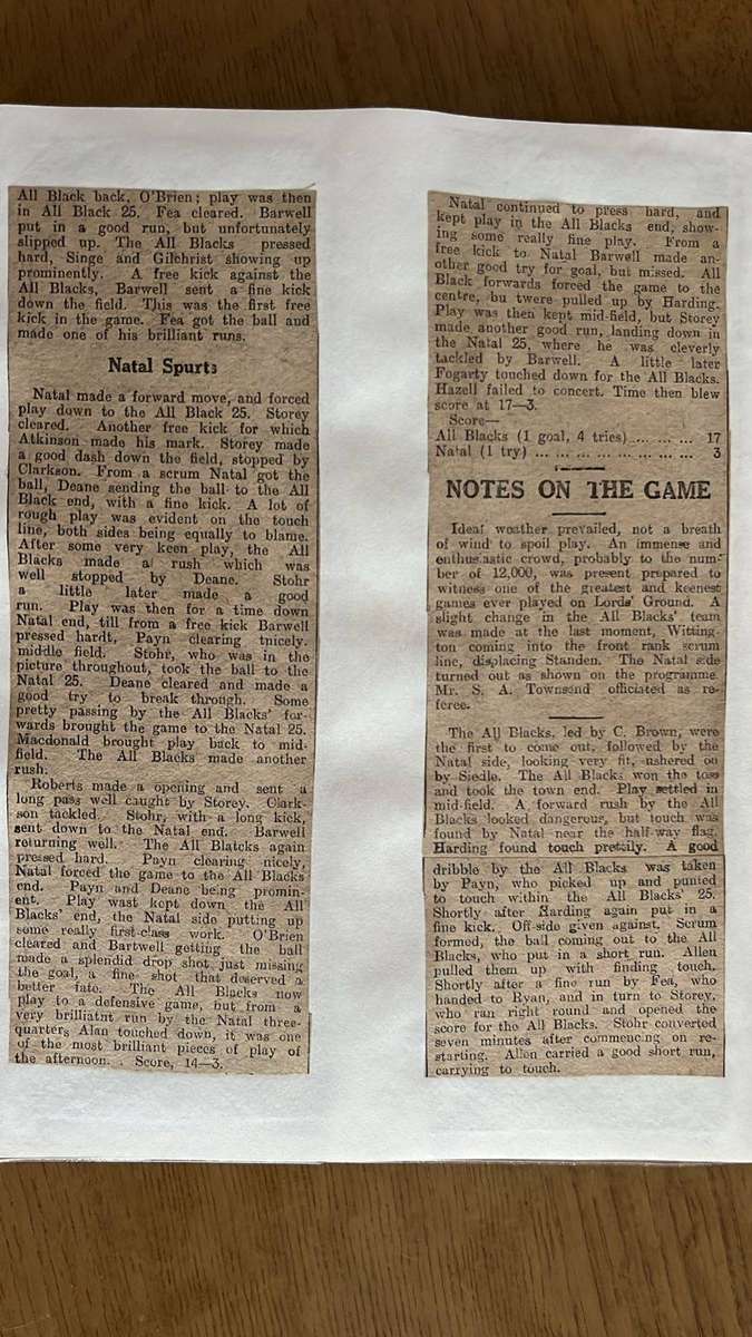 1919 All Blacks Services Tour to S.A. Natal Game Cuttings, details below