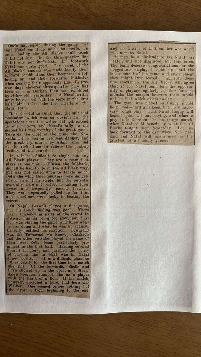 1919 All Blacks Services Tour to S.A. Natal Game Cuttings, details below