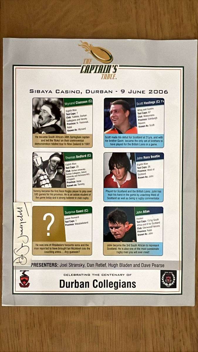 Des van Jaarsveldt Signed Original Photo & 2006 Signed Captains Table Programme, details below