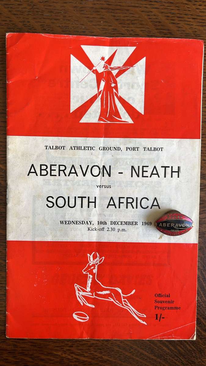 1969 Aberavon Neath vs South Africa Signed Programme & Pin, details below