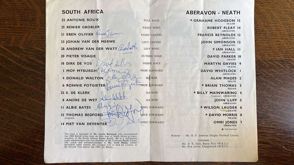 1969 Aberavon Neath vs South Africa Signed Programme & Pin, details below