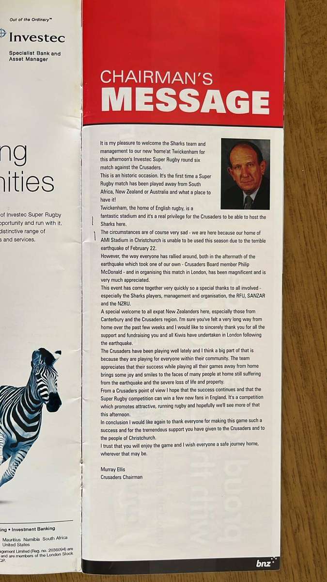 A Historical Programme - 2011 Crusaders vs Sharks at Twickenham Programme, details below