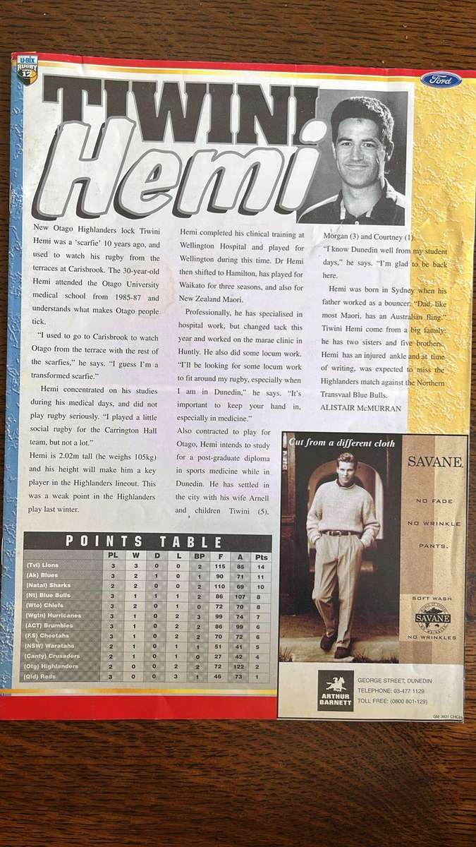 1997 Otago Highlanders vs Northern Transvaal Blue Bulls at Dunedin Programme, details below