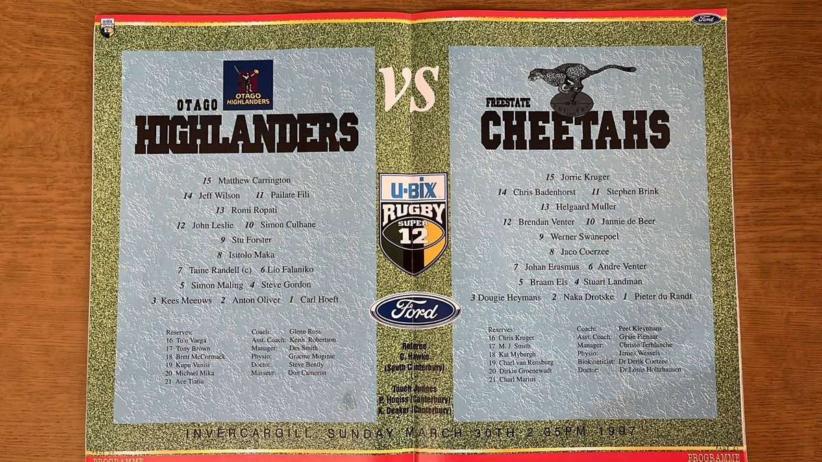 1997 Otago Highlanders vs Free State Cheetahs at Invercargill Programme, details below