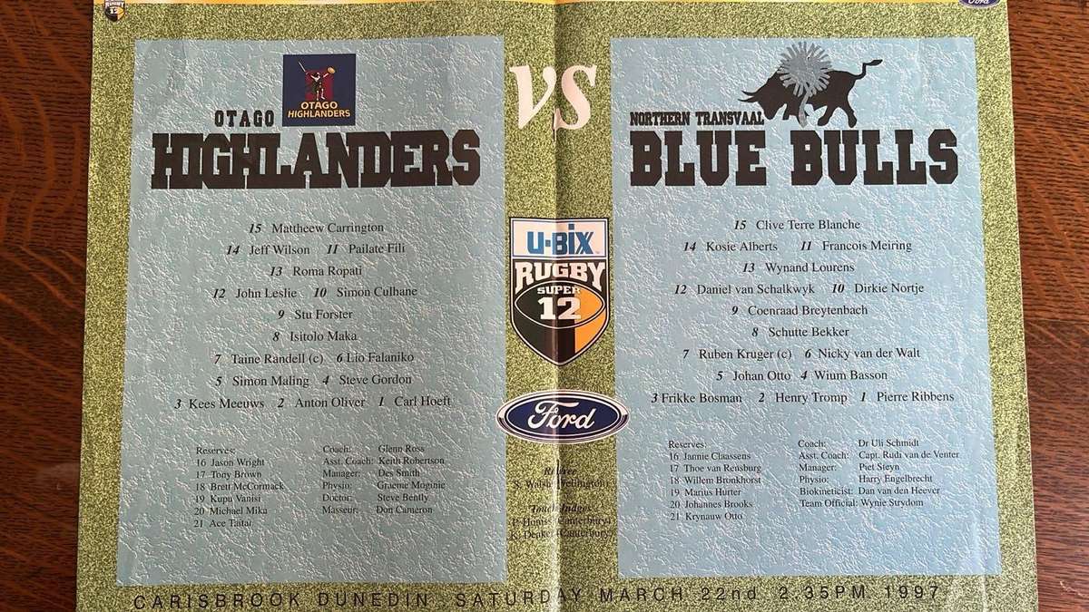 1997 Otago Highlanders vs Northern Transvaal Blue Bulls at Dunedin Programme, details below