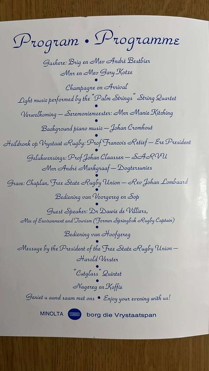 1995 Orange Free State Centenary Dinner Menu Card, Signed Photos, details below