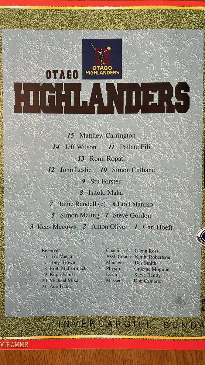 1997 Otago Highlanders vs Free State Cheetahs at Invercargill Programme, details below