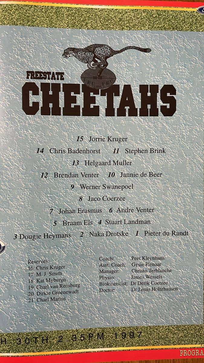 1997 Otago Highlanders vs Free State Cheetahs at Invercargill Programme, details below
