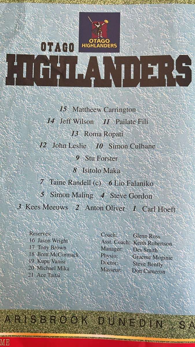 1997 Otago Highlanders vs Northern Transvaal Blue Bulls at Dunedin Programme, details below