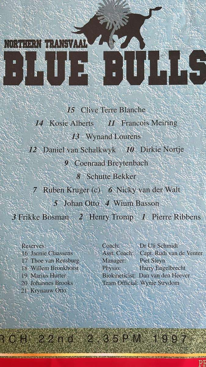 1997 Otago Highlanders vs Northern Transvaal Blue Bulls at Dunedin Programme, details below