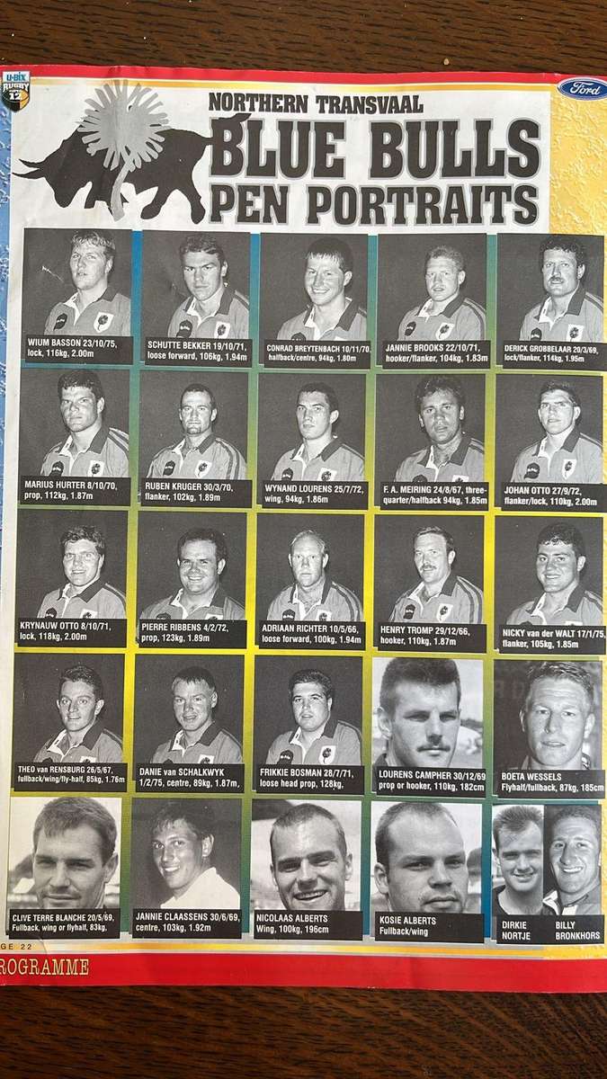 1997 Otago Highlanders vs Northern Transvaal Blue Bulls at Dunedin Programme, details below