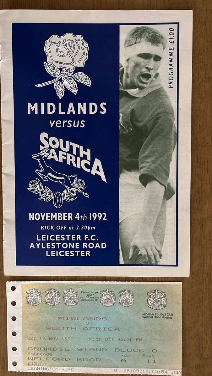 1992 Midlands vs South Africa at Leicester Club Programme & Ticket, details below