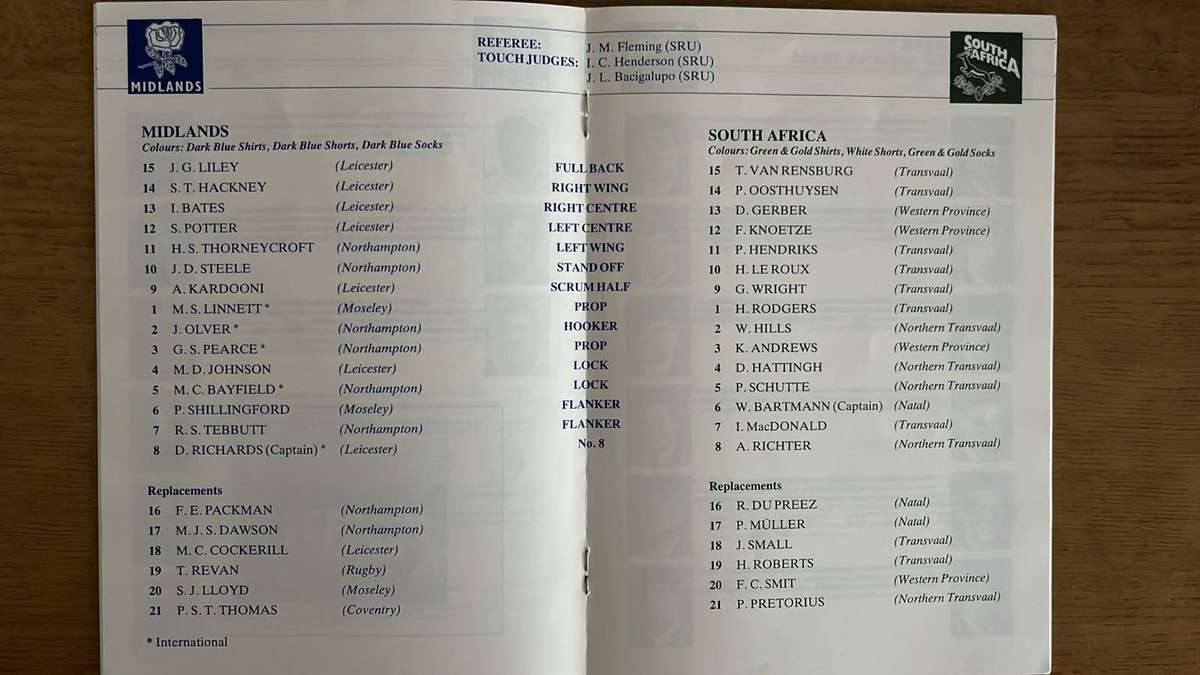 1992 Midlands vs South Africa at Leicester Club Programme & Ticket, details below