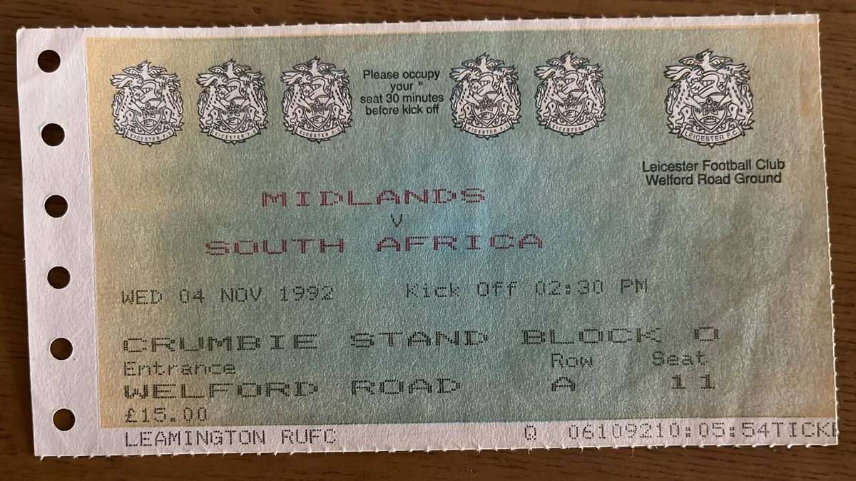 1992 Midlands vs South Africa at Leicester Club Programme & Ticket, details below