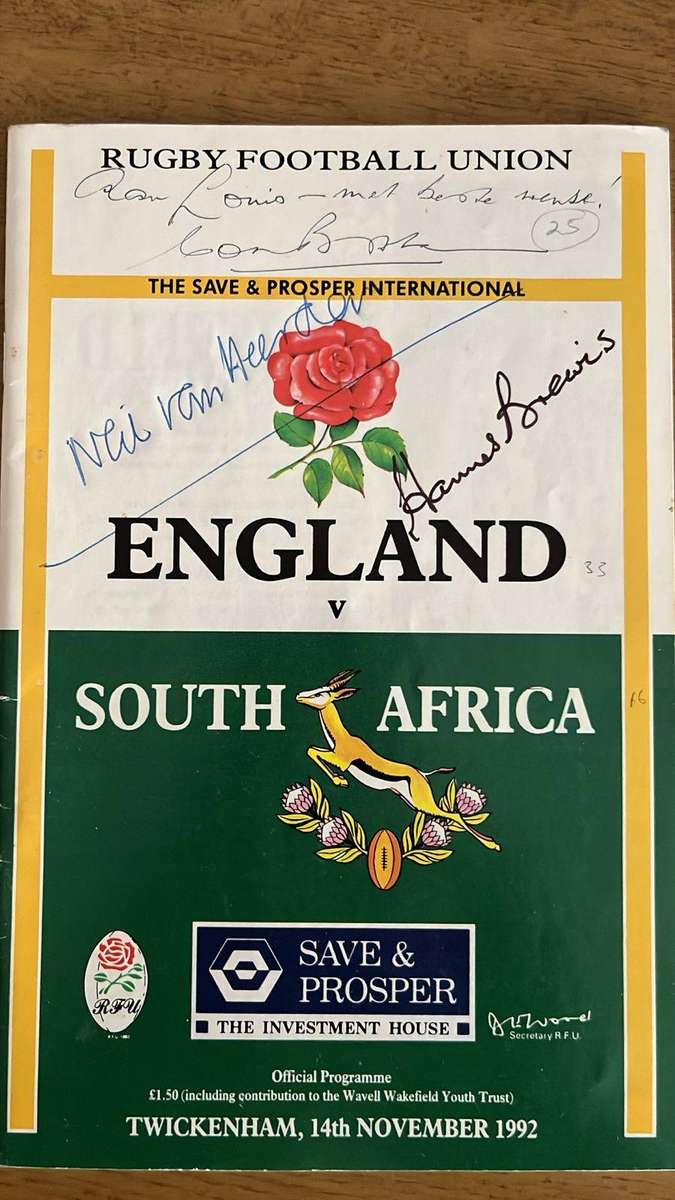 1992 England vs South Africa at Twickenham Signed Programme, details below