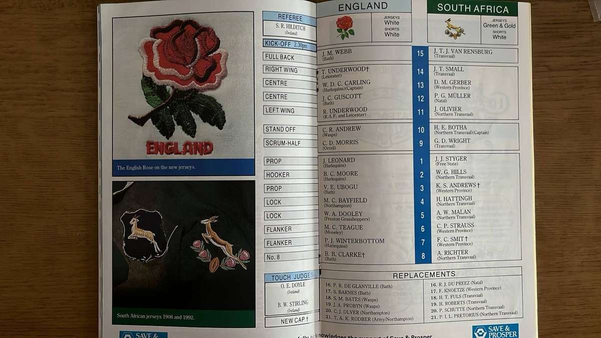 1992 England vs South Africa at Twickenham Signed Programme, details below