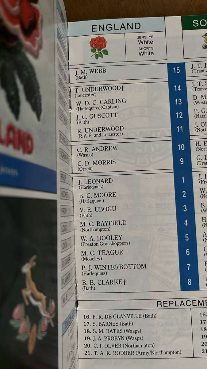 1992 England vs South Africa at Twickenham Signed Programme, details below