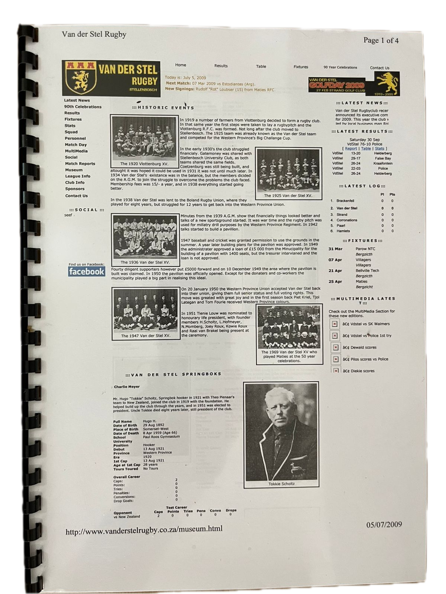 A Concise History of Van Der Stel Rugby Football Club