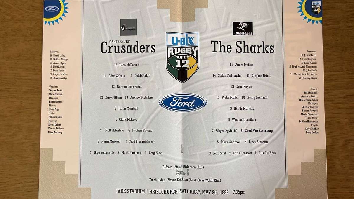 1999 Canterbury Crusaders vs The Sharks in Christchurch Programme, details below
