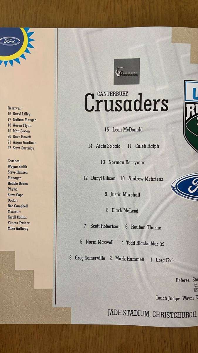 1999 Canterbury Crusaders vs The Sharks in Christchurch Programme, details below