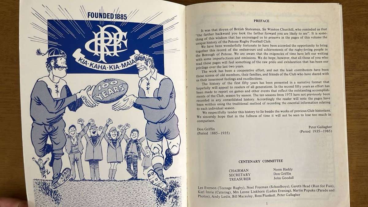1885-1985 "True Blue" Petone Rugby Club & Centenary Service Programme, details below