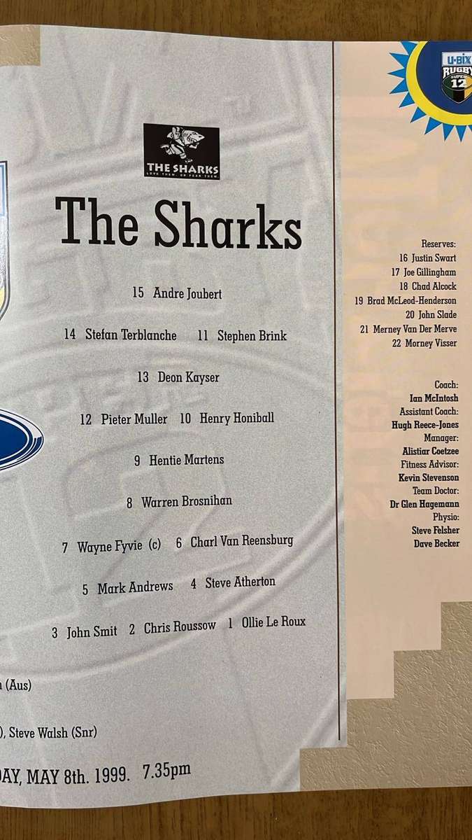 1999 Canterbury Crusaders vs The Sharks in Christchurch Programme, details below